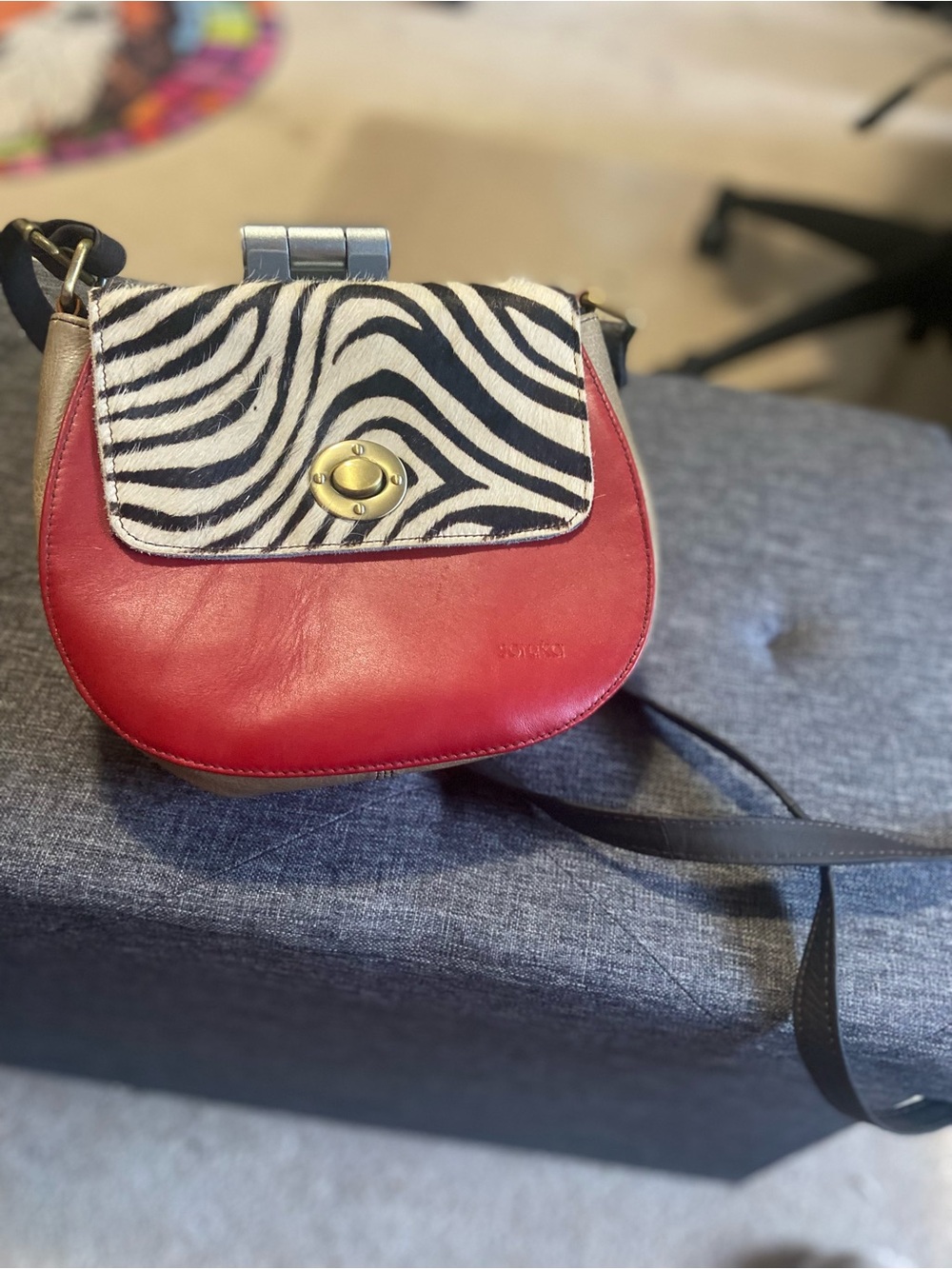 Red Leather Crossbody with Zebra-Print Flap and Gold Turn-Lock